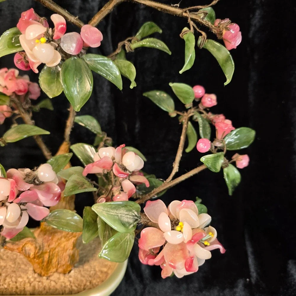 VTG Chinese Peking Glass Bonsai Tree Pink Cherry Blossom Celadon Crane 13